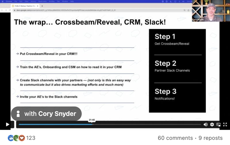 Meetup with Cory Snyder “Using Reveal / Crossbeam + Gong + CRMs + PRMs”
