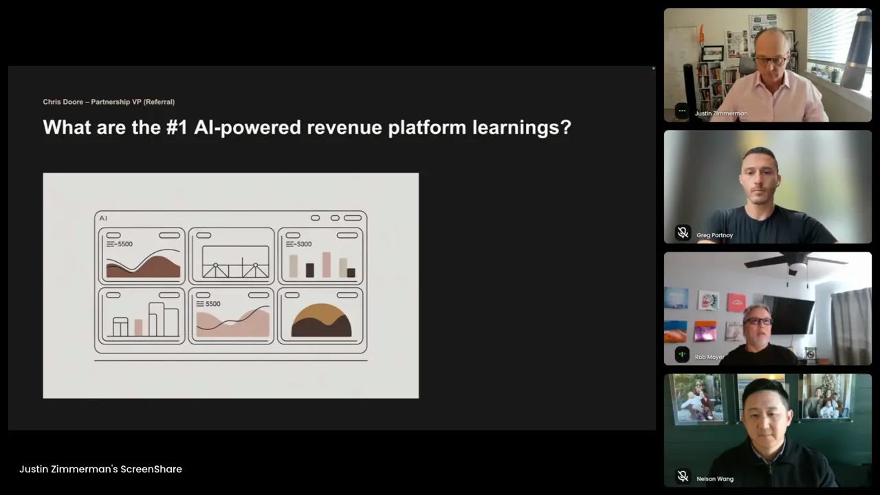 Webinar slide titled 'What are the #1 AI-powered revenue platform learnings?' with a diagram of dashboards on the left and four panelist video thumbnails on the right.