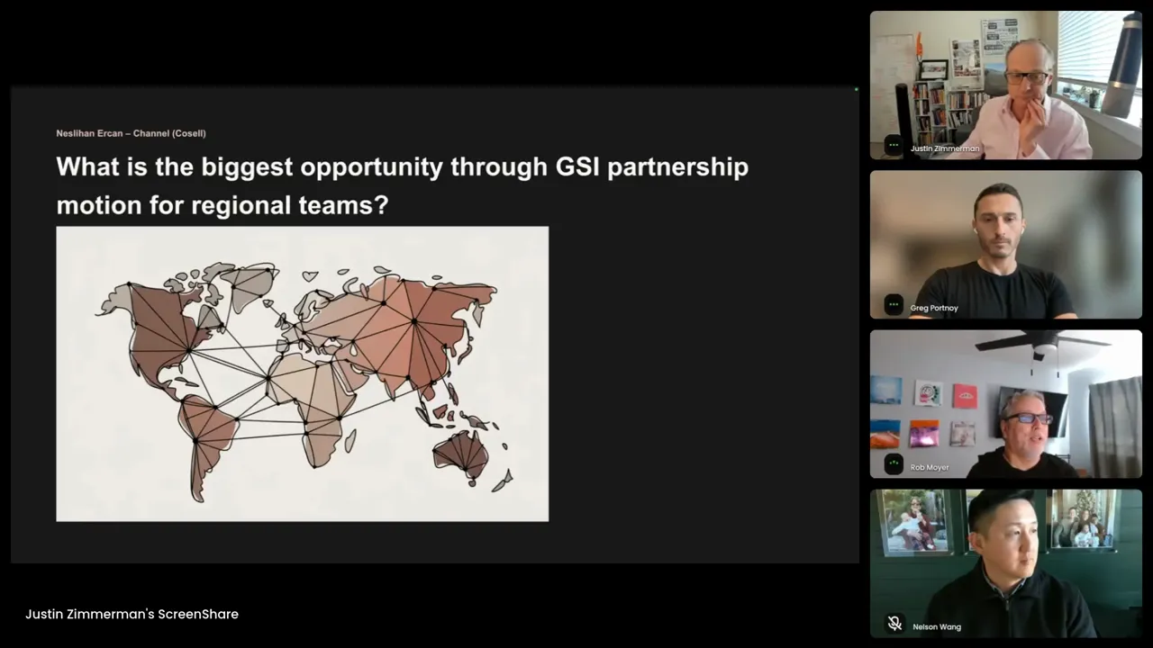 Zoom panel with slide titled 'What is the biggest opportunity through GSI partnership motion for regional teams?' showing a connected world map and four speakers on the right.
