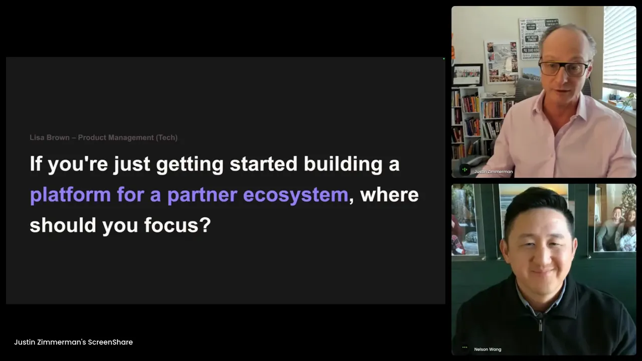 Webinar slide that reads 'If you're just getting started building a platform for a partner ecosystem, where should you focus?' with two presenters visible in video call thumbnails on the right.