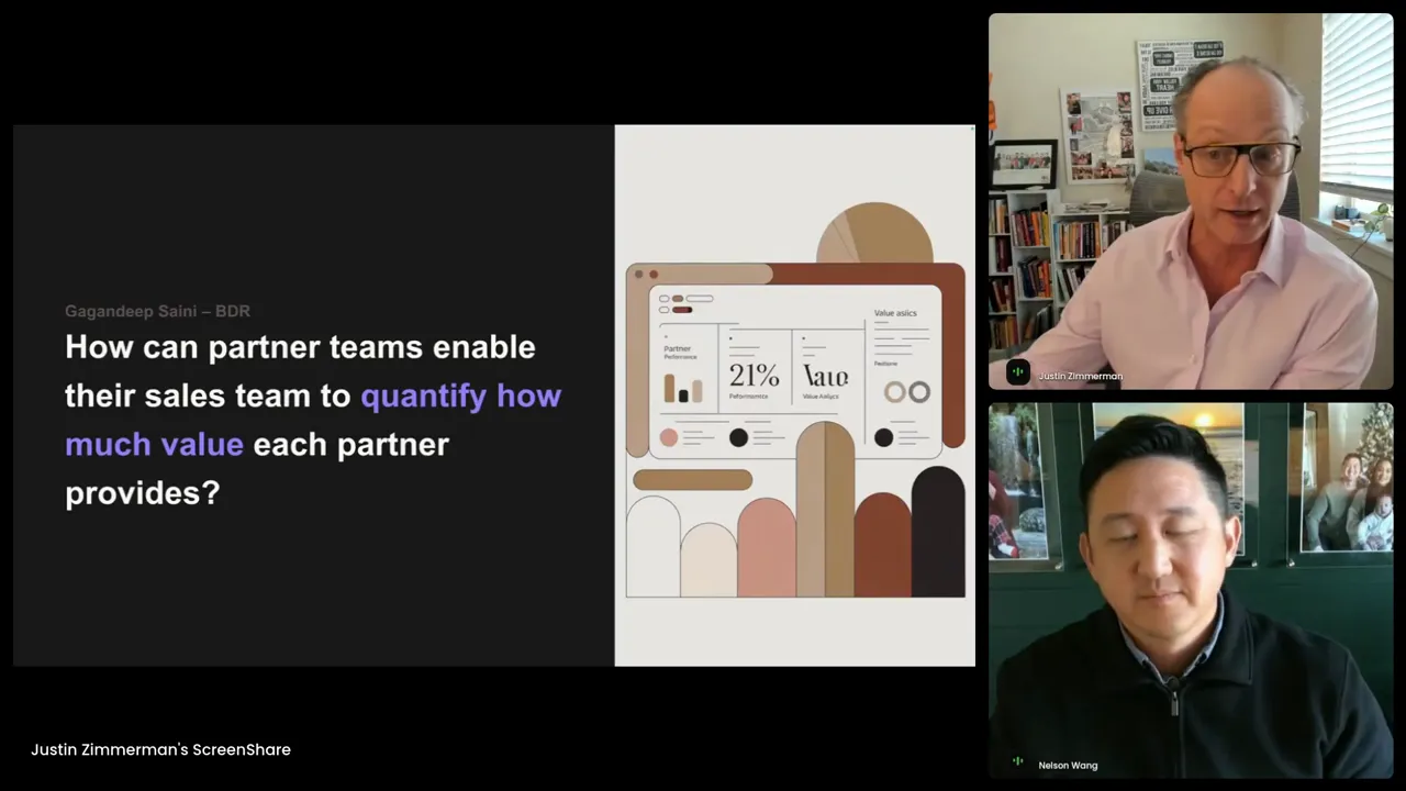 Webinar screenshot: slide reading 'How can partner teams enable their sales team to quantify how much value each partner provides?' with two speakers in a right-hand video column.
