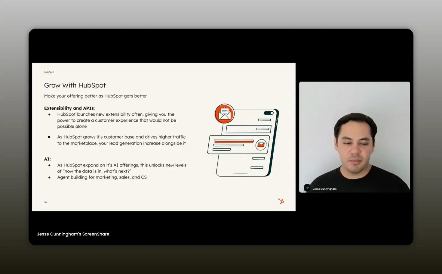 Clear presentation slide titled 'Grow With HubSpot' listing extensibility, APIs and AI (including agent building) with a crisp presenter video on the right.