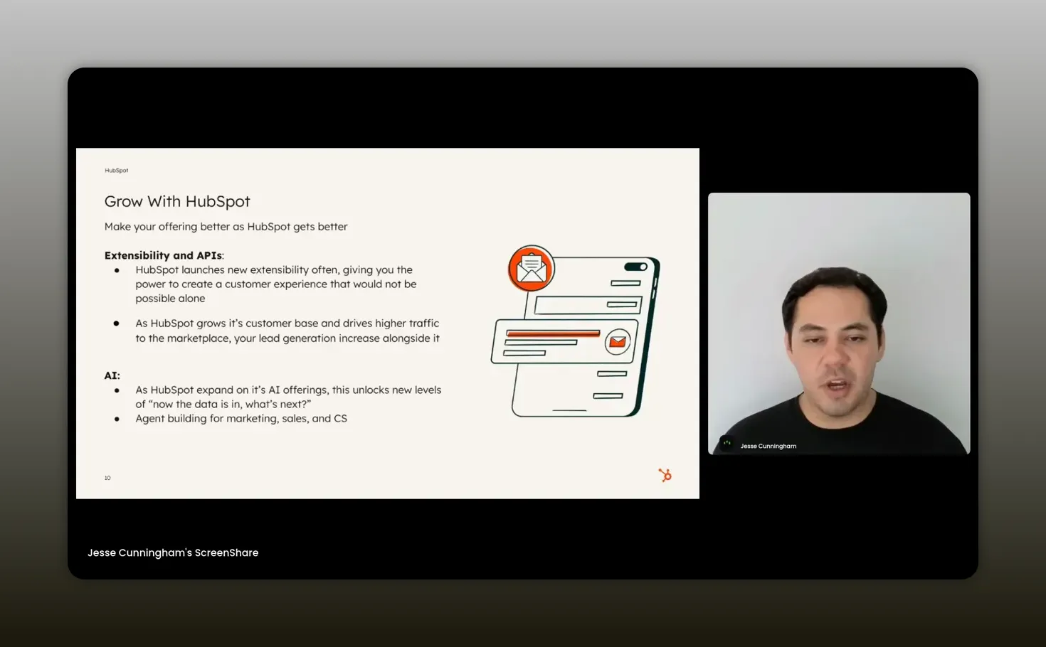 High-clarity slide titled 'Grow With HubSpot' listing extensibility and AI bullets, with a presenter video pane to the right.