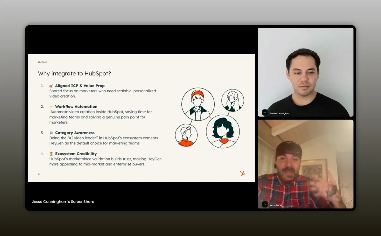High-clarity screenshot of the 'Why integrate to HubSpot?' slide with two video-call participants, one gesturing to emphasize a point.