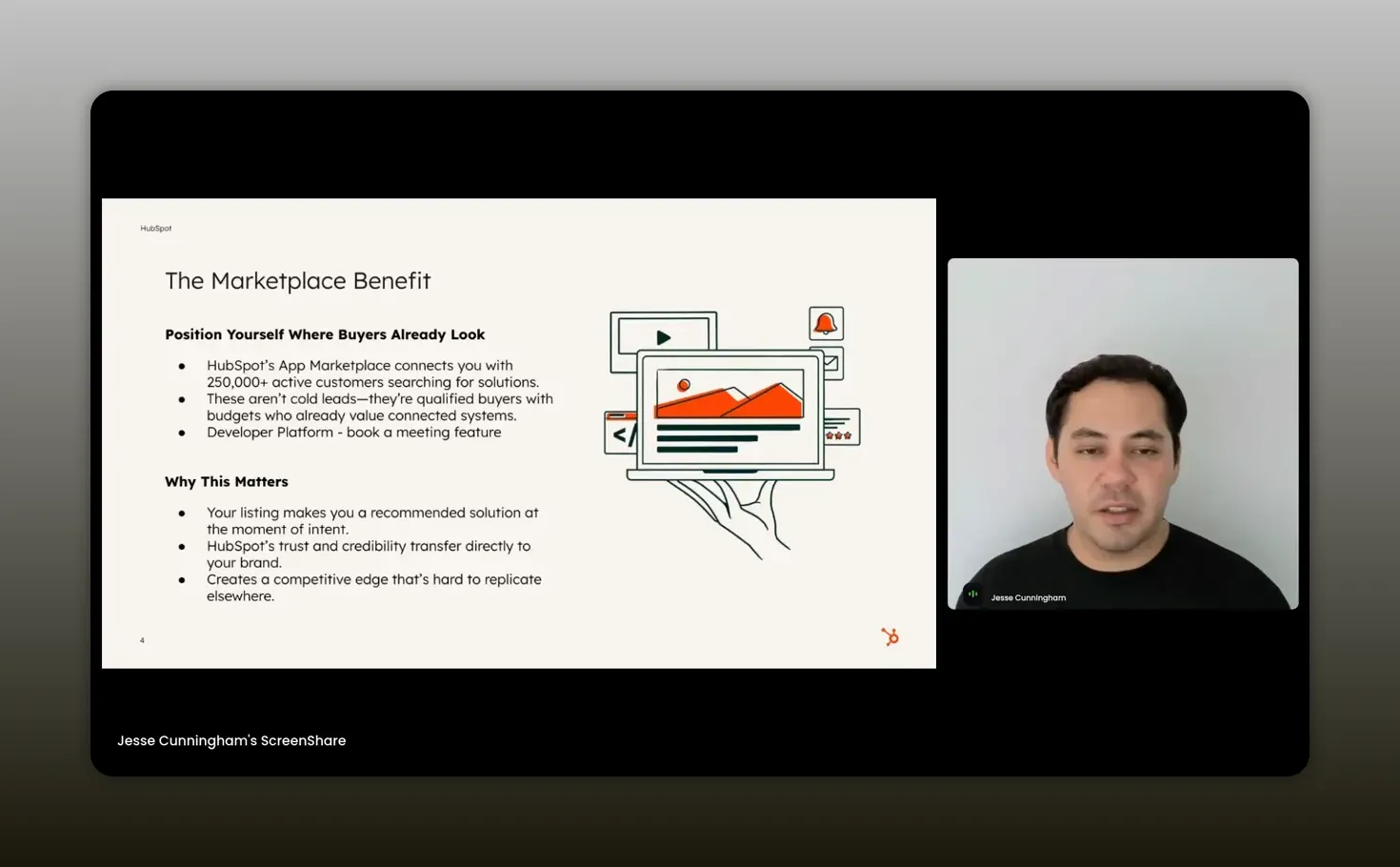 Clear presentation slide titled 'The Marketplace Benefit' with readable bullet points about HubSpot App Marketplace and a presenter video thumbnail on the right.