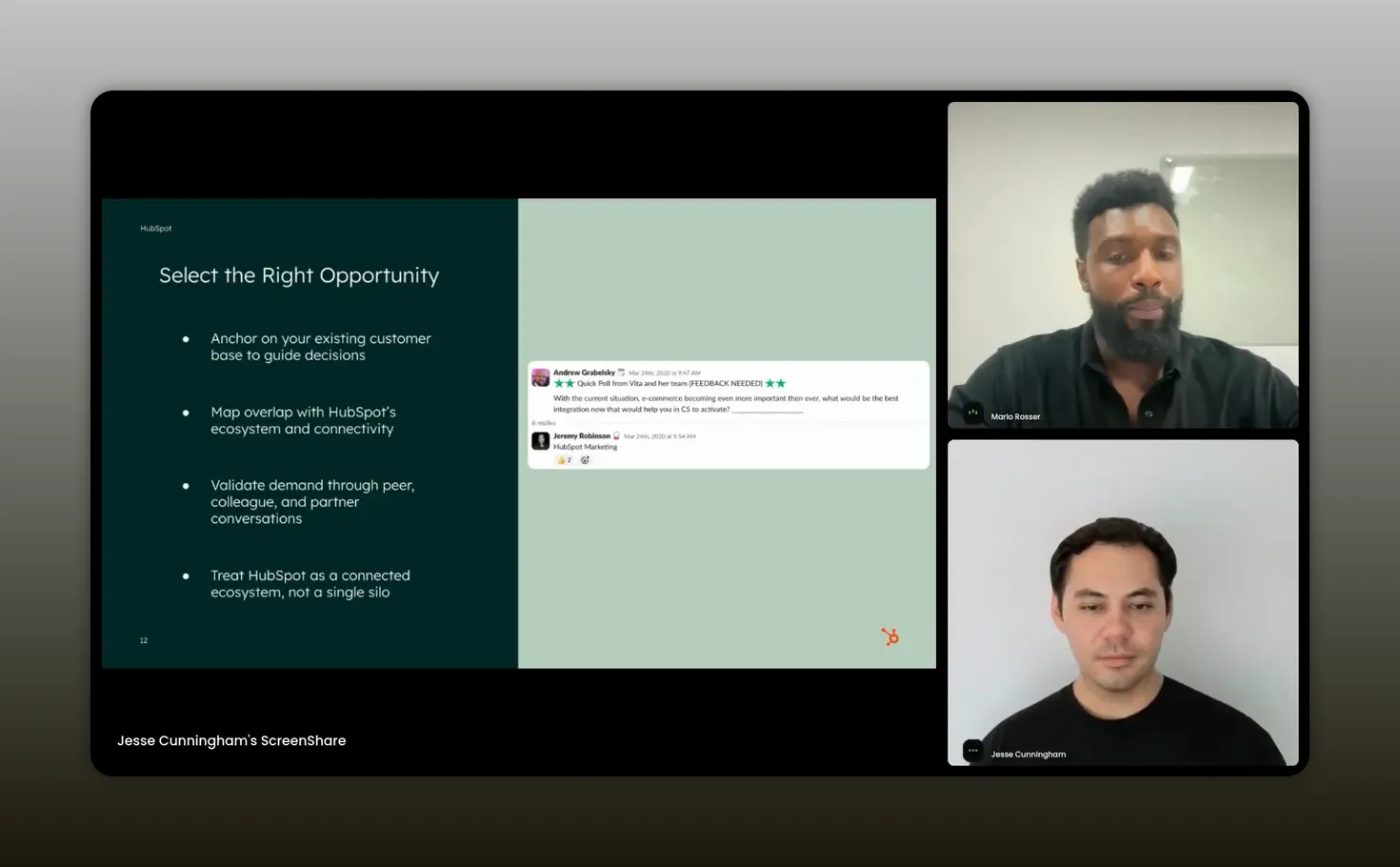 Clear webinar slide 'Select the Right Opportunity' with readable bullet points and two presenter video windows on the right.