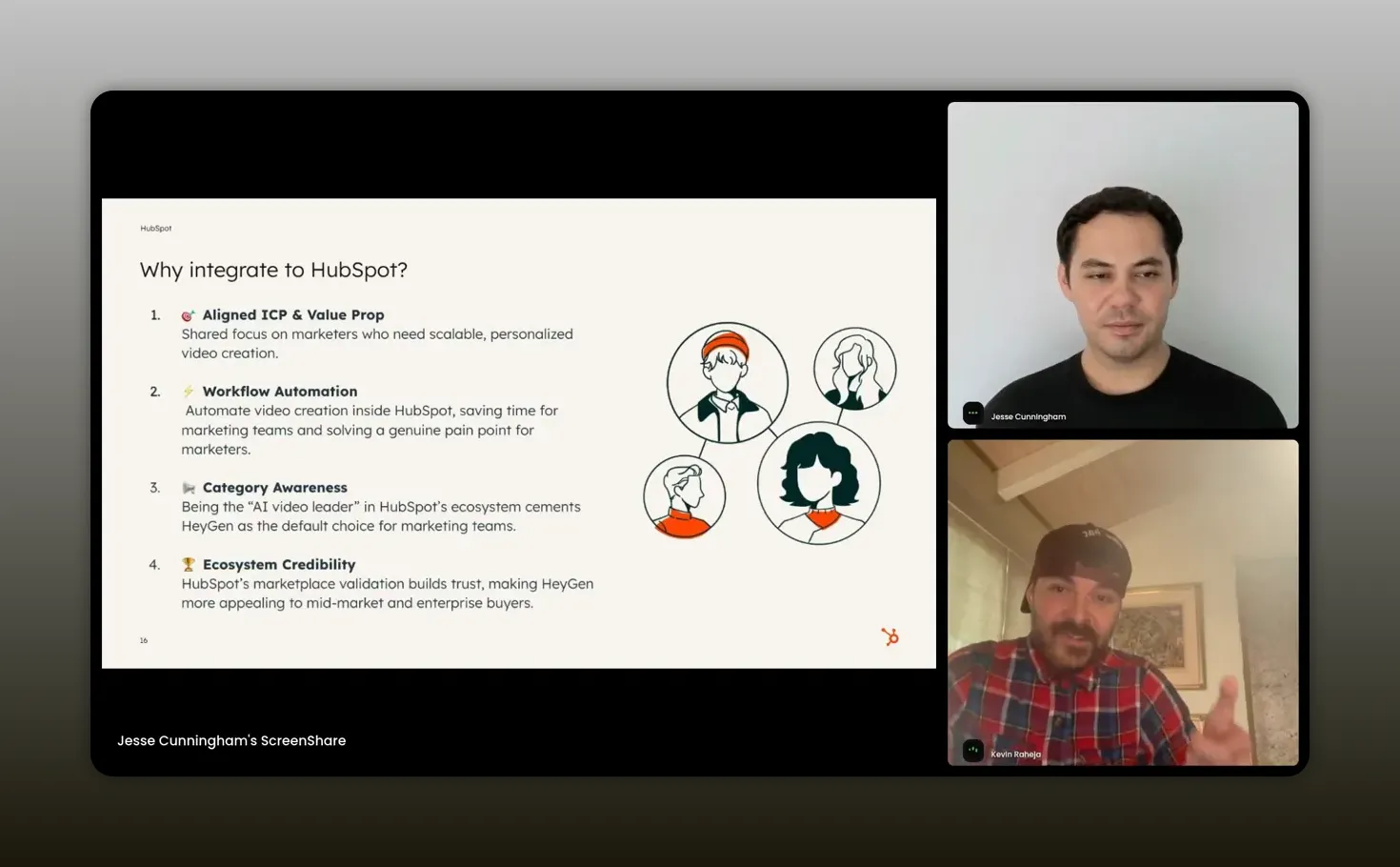 High-clarity webinar screenshot showing the 'Why integrate to HubSpot?' slide on the left and two video-call speakers on the right; bottom speaker is gesturing, emphasizing a point.