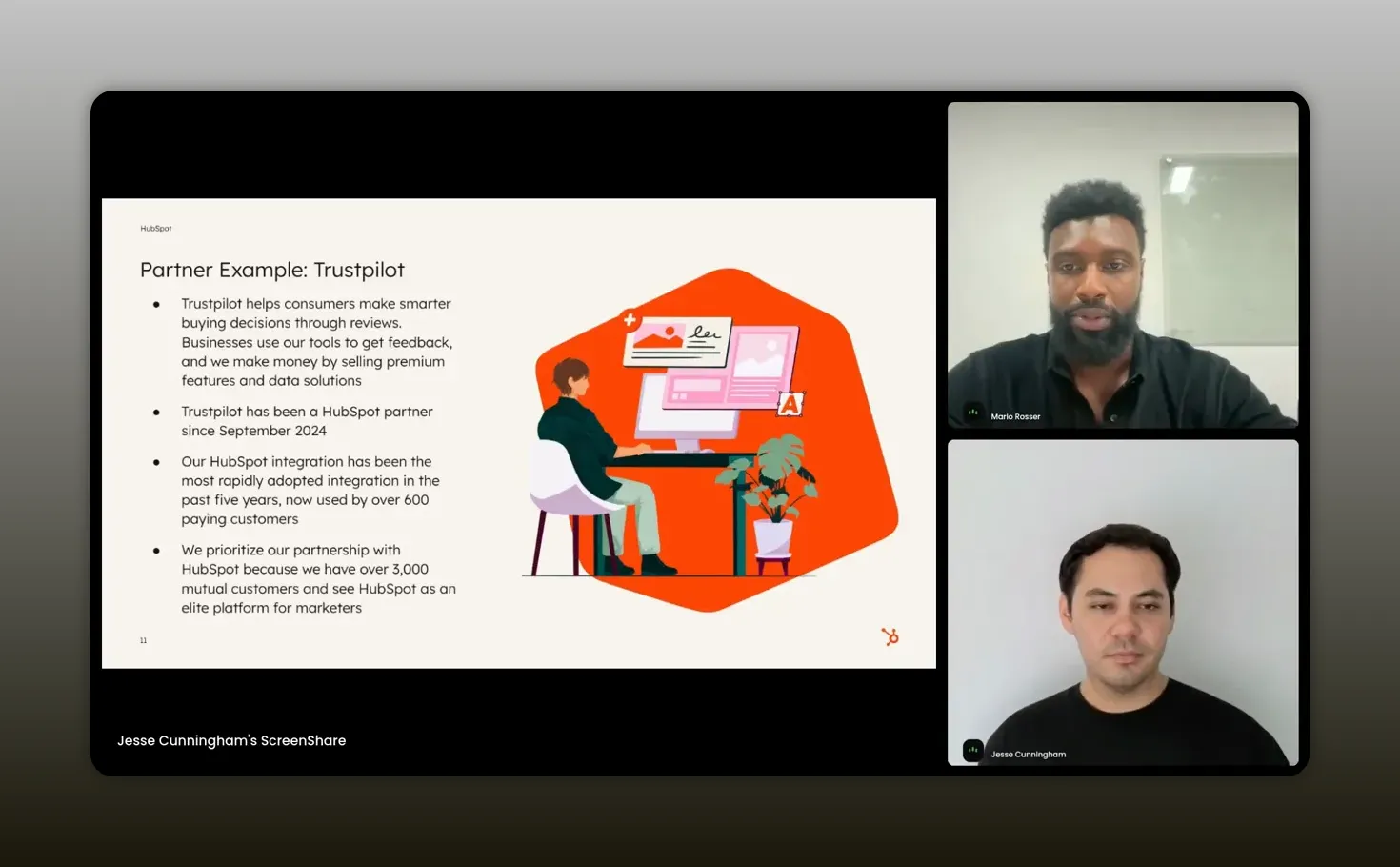 Clear screenshot of a Trustpilot presentation slide with Mario Rosser (top) and Jesse Cunningham (bottom) in video panels; slide text and illustration are readable.