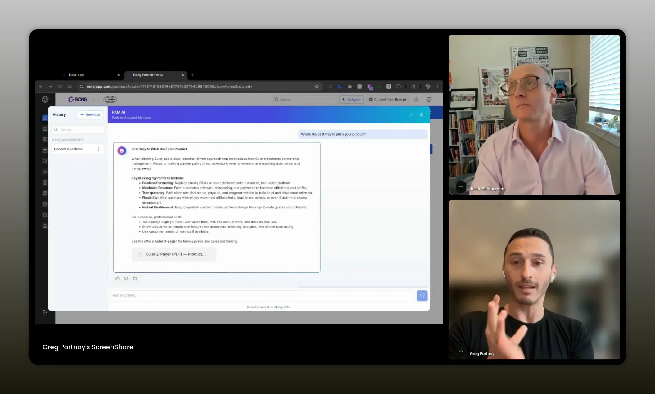 Partner portal screenshot showing AI text titled 'Best Way to Pitch the Euler Product' with two presenters in a video call