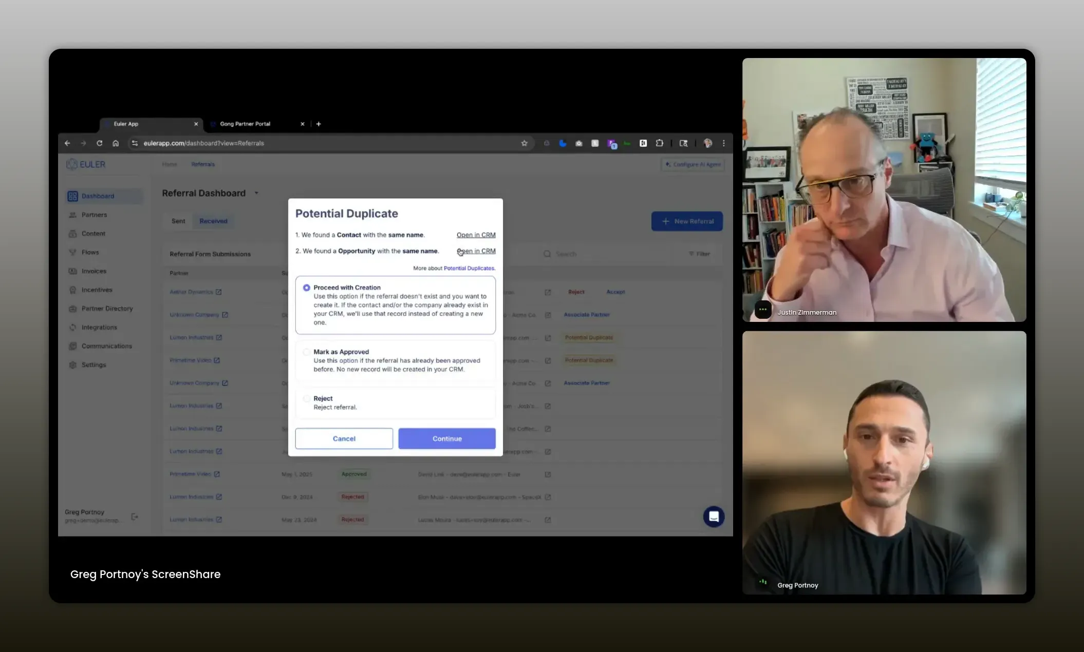 Screen-shared partner dashboard showing current pipeline, bookings and deal metrics alongside two presenters in a video call.