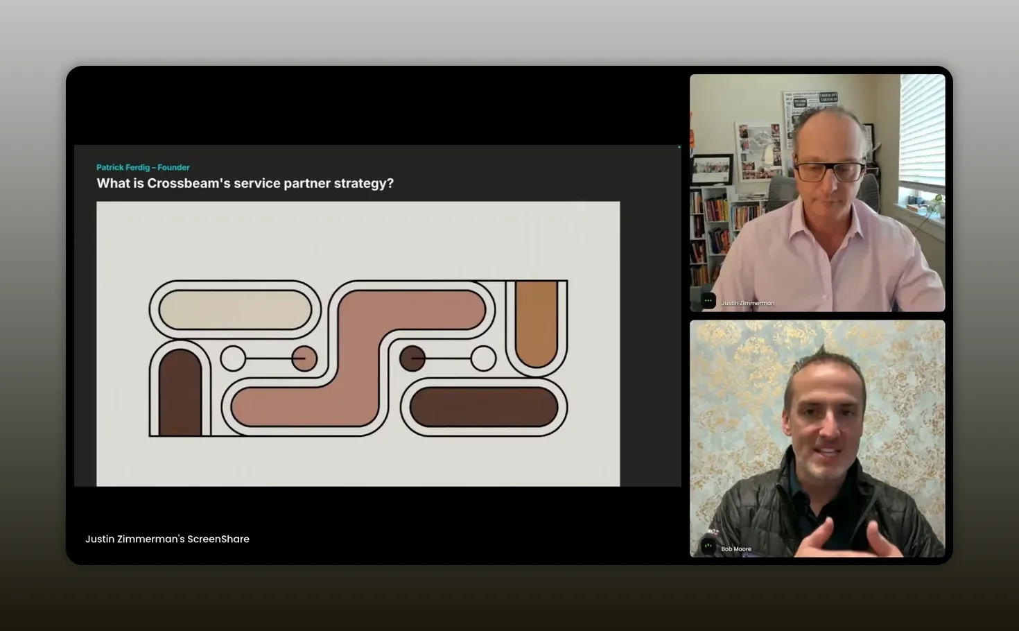 Clear webinar screenshot: partner-strategy slide on the left and Bob Moore gesturing and explaining in the right webcam
