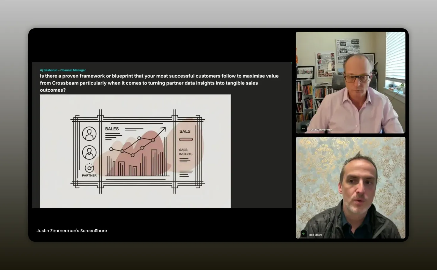 Clear screenshot of an account-mapping slide with two presenters visible in video call windows.