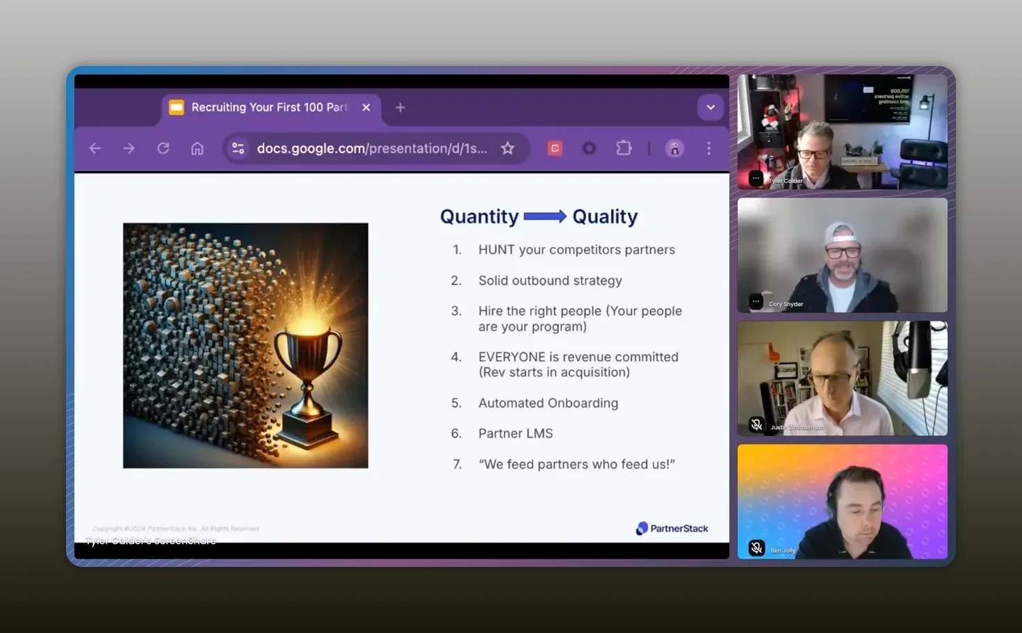 Presentation slide 'Quantity → Quality' with bullet 'HUNT your competitors partners' and Corey Snyder visible and speaking in the video panel.