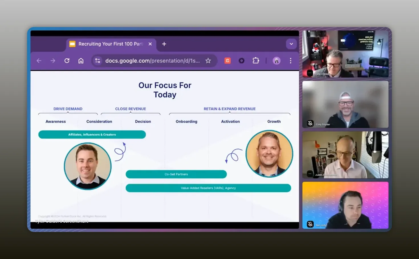 High-clarity webinar slide titled 'Our Focus For Today' showing affiliates and creators mapped to awareness/consideration and resellers/co-sell partners mapped to onboarding/growth with presenter thumbnails.