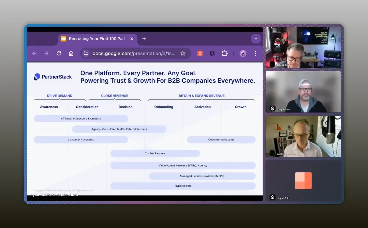 High-clarity webinar screenshot of a slide titled 'One Platform. Every Partner. Any Goal.' showing partner types across awareness, consideration, decision, onboarding, activation and growth.
