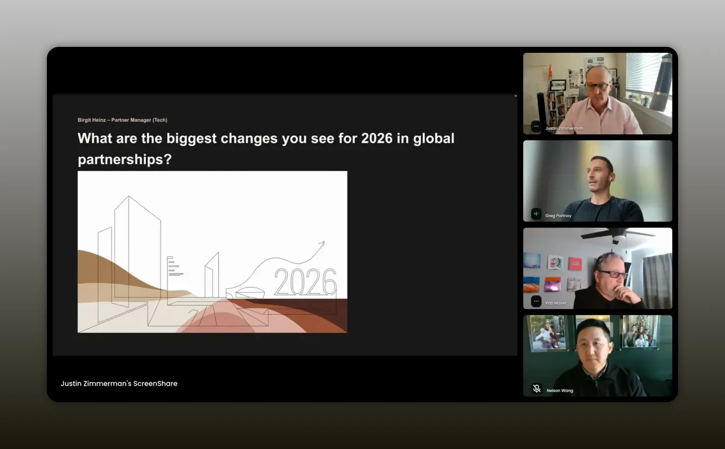 Presentation slide asking about partnership changes for 2026 on the left and panelist video thumbnails on the right, one speaker mid-discussion.