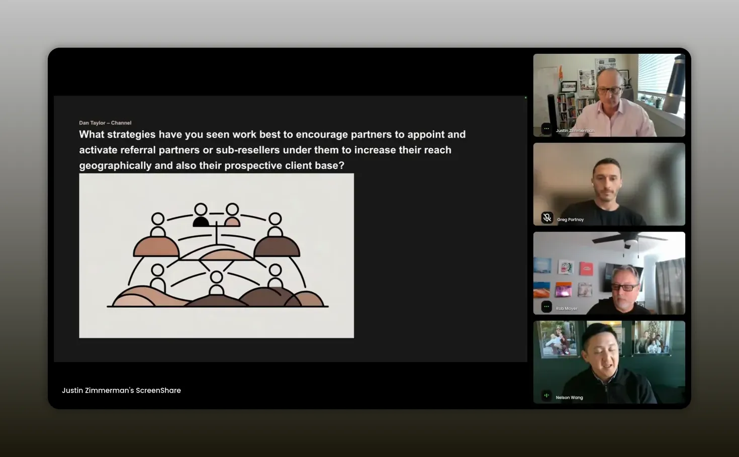 Clear webinar screenshot with a partner-network illustration on the slide and an engaged panelist speaking in the bottom-right video tile.