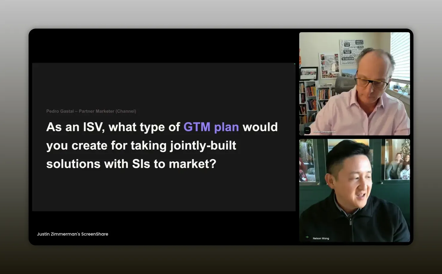 High-clarity webinar screenshot showing a dark slide reading 'As an ISV, what type of GTM plan would you create for taking jointly-built solutions with SIs to market?' and two presenters visible in side thumbnails.