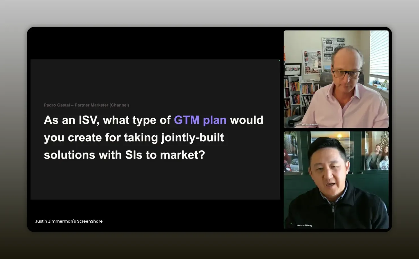 Clear webinar slide reading 'As an ISV, what type of GTM plan would you create for taking jointly-built solutions with SIs to market?' with two presenters visible in a vertical video panel.