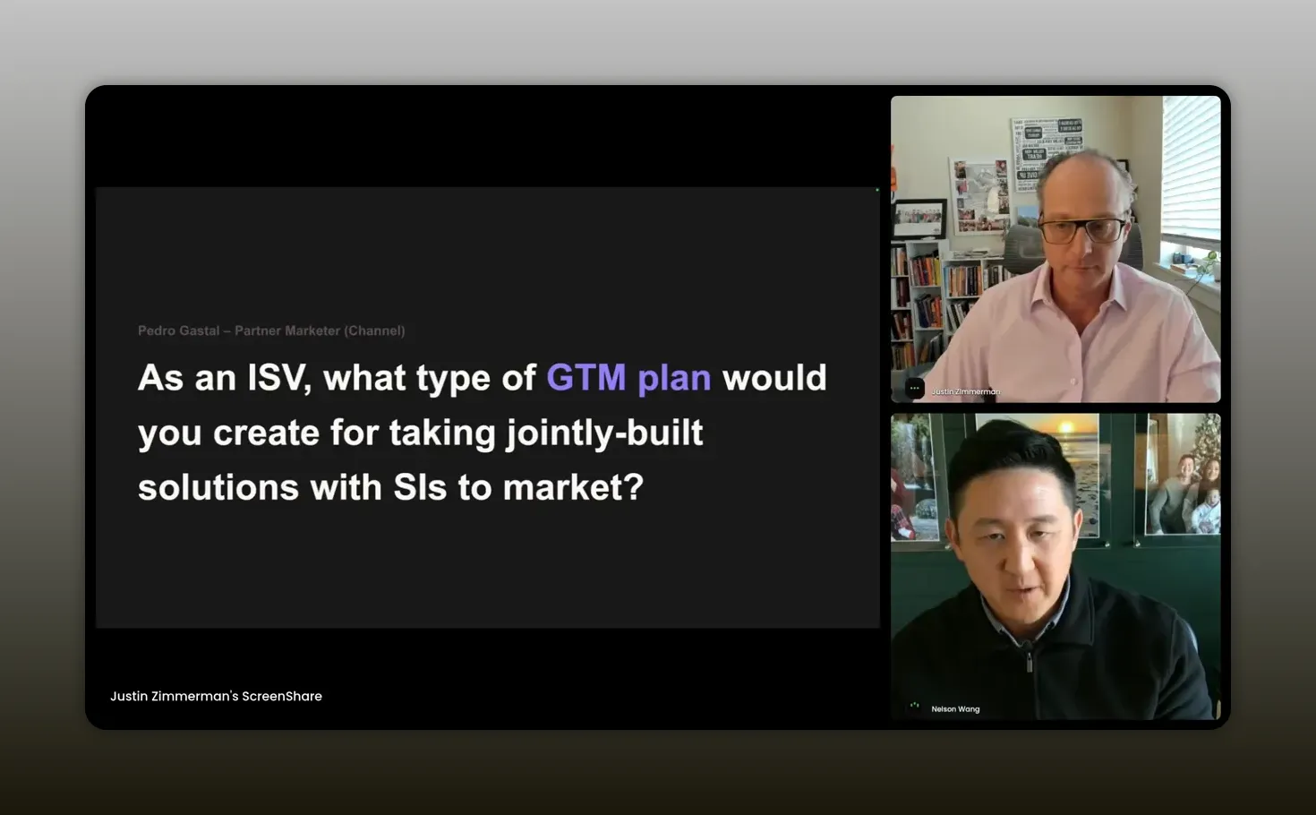 Webinar screenshot showing a presenter speaking beside a slide that asks about ISV GTM plans; clear, well-lit view of the speaker.