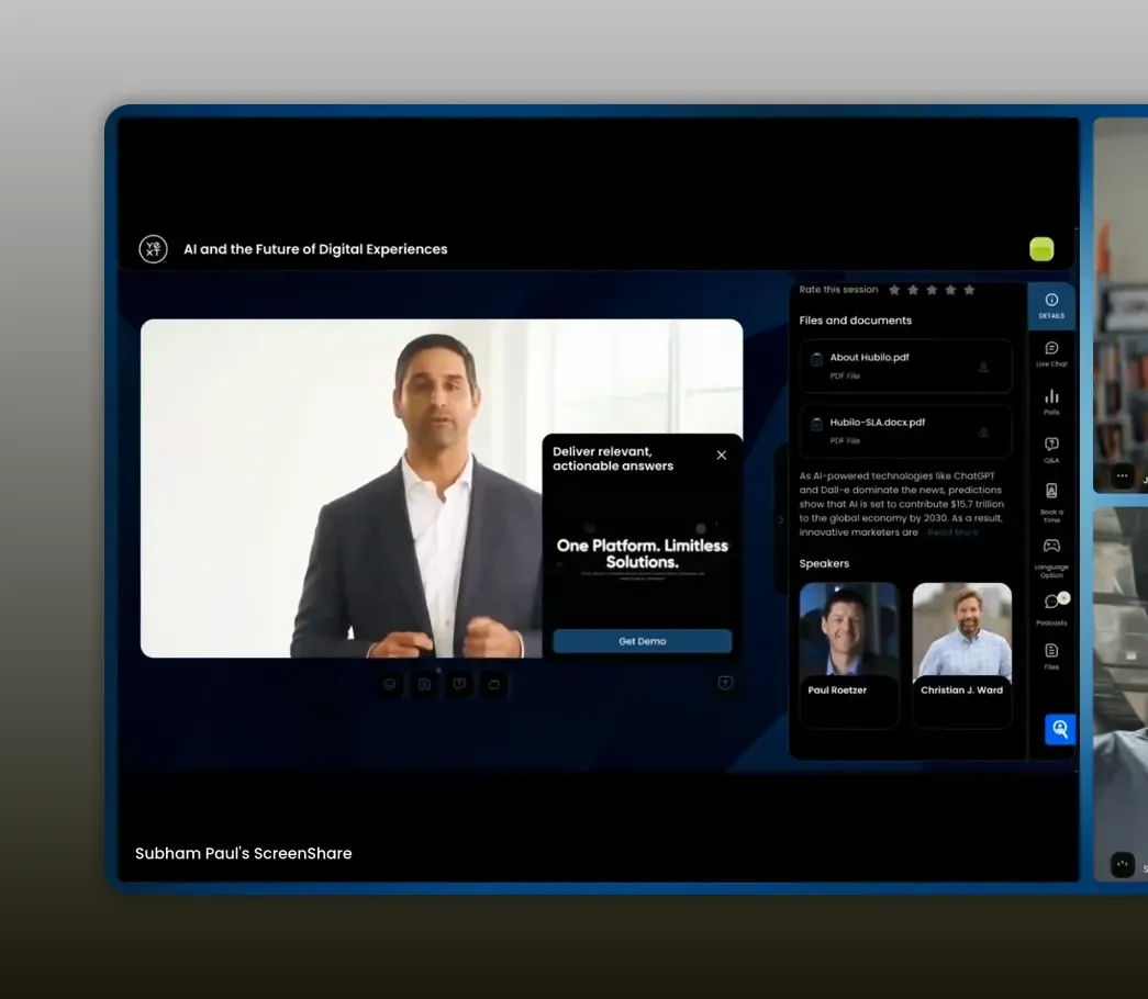 Crisp webinar screenshot showing a conversion prompt overlay reading 'One Platform. Limitless Solutions.' and a prominent blue 'Get Demo' button with presenter video thumbnails on the right.