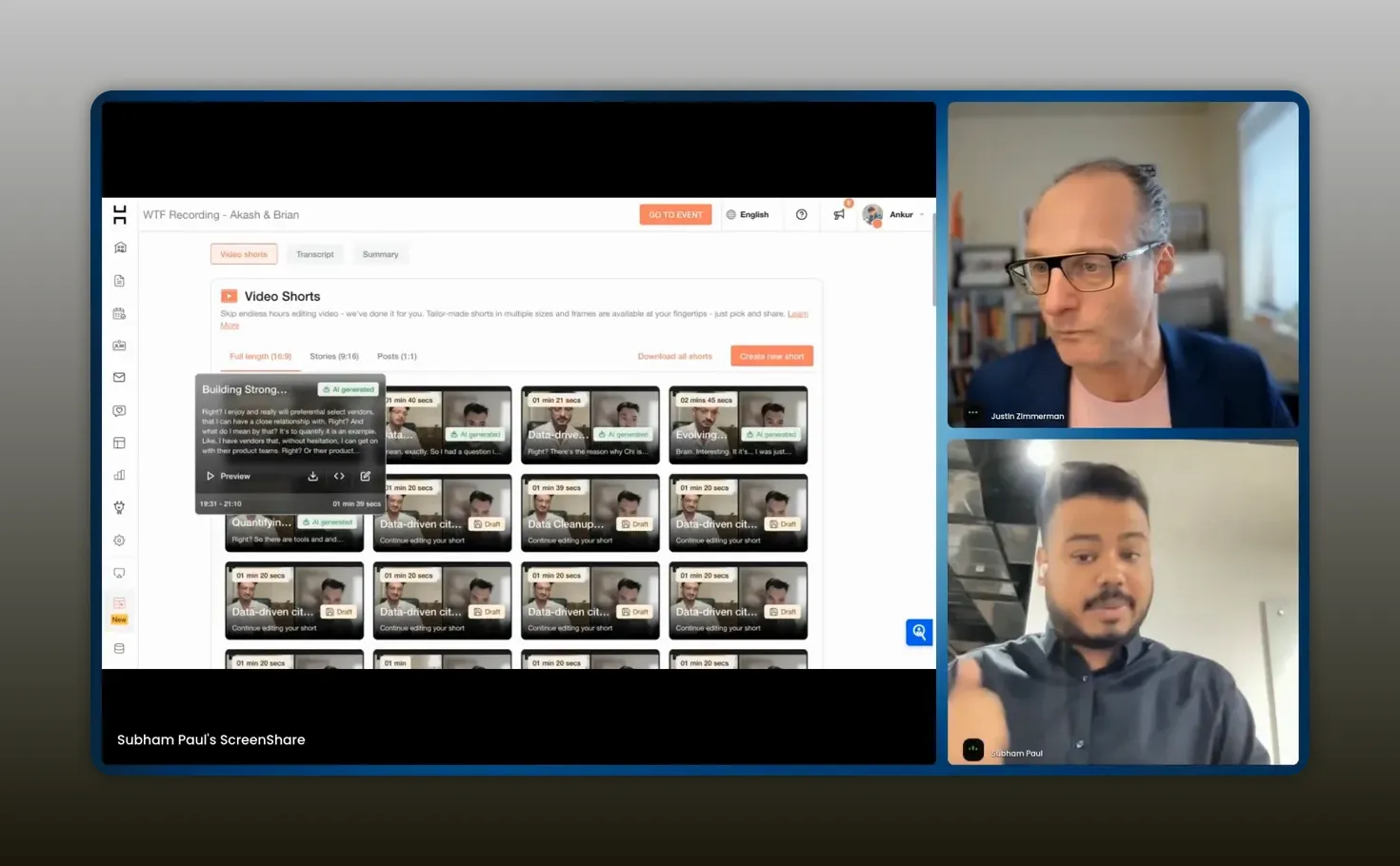 Event platform page showing the Video Shorts library of autogenerated clips with two presenter thumbnails in a right column