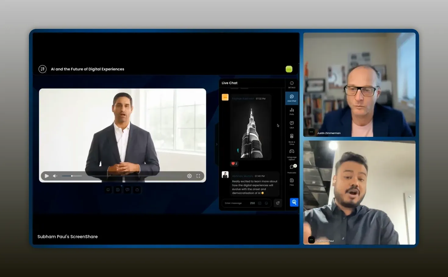 Webinar interface with the main presenter video, a clearly visible live chat panel in the center column, and two participant video feeds on the right.