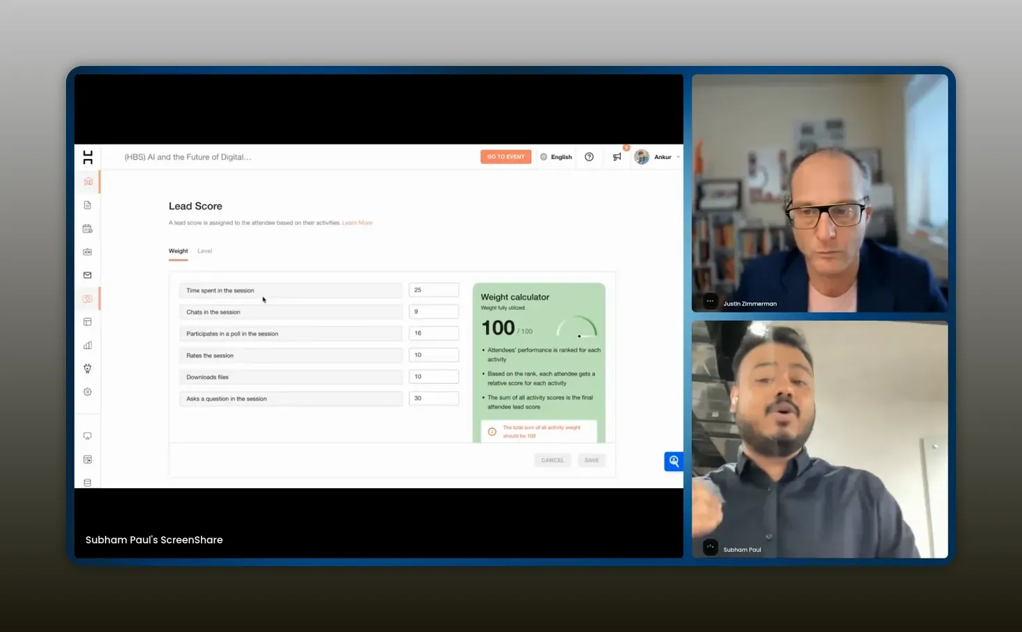 Clear screenshot of a webinar showing the lead score weight table with numeric values and the weight calculator, plus presenter thumbnails.