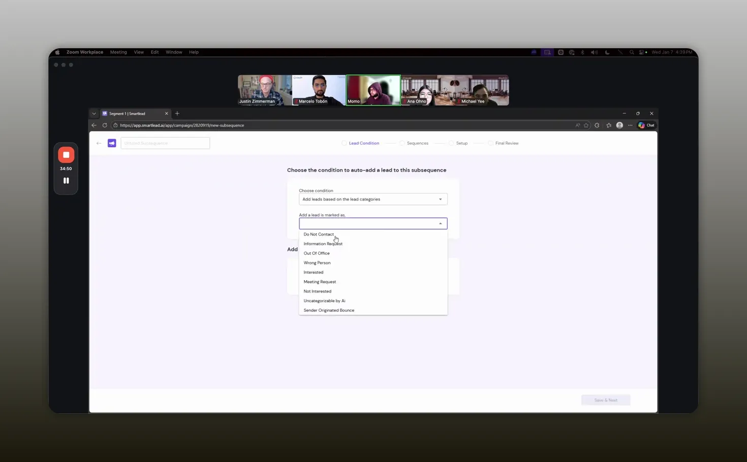 Smartlead subsequence dropdown expanded showing reply categories like Do Not Contact, Out Of Office, Interested, Not Interested to route replies automatically.