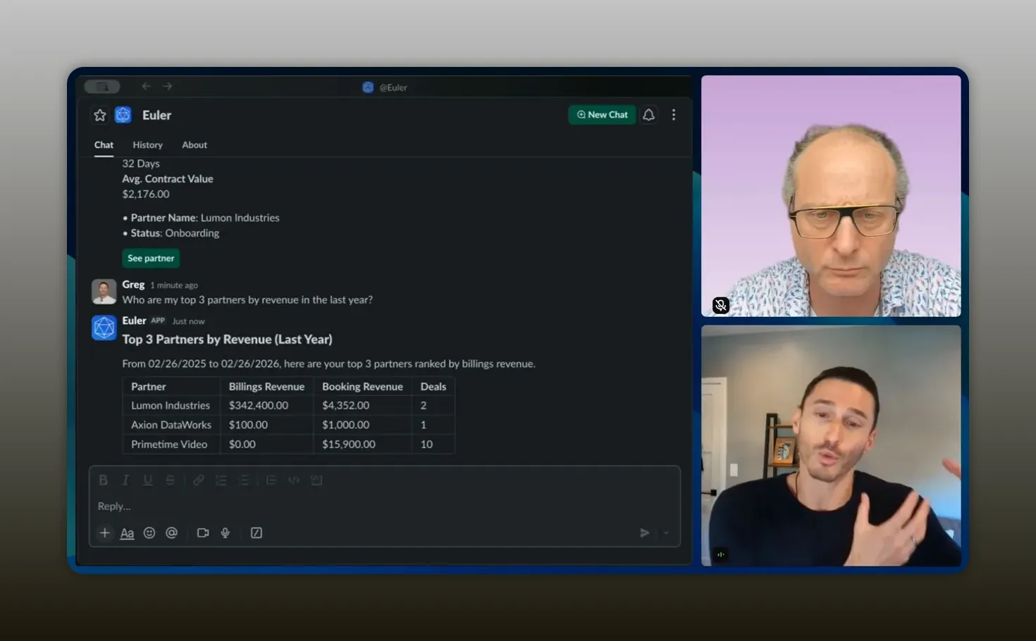 Screenshot of Euler AI answering which top partners generated the most revenue