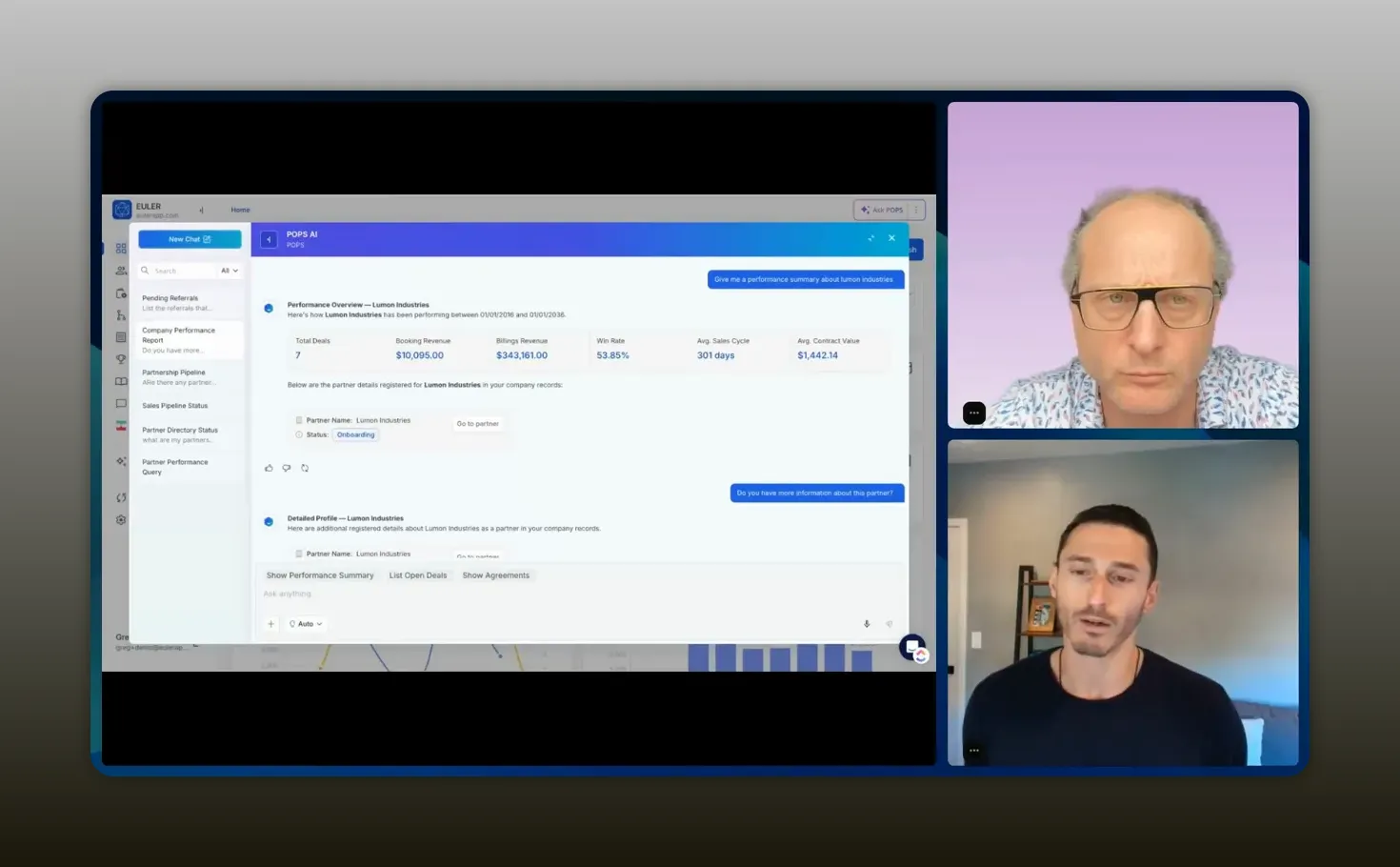 POPS AI partner operations agent showing partner performance metrics and deal details