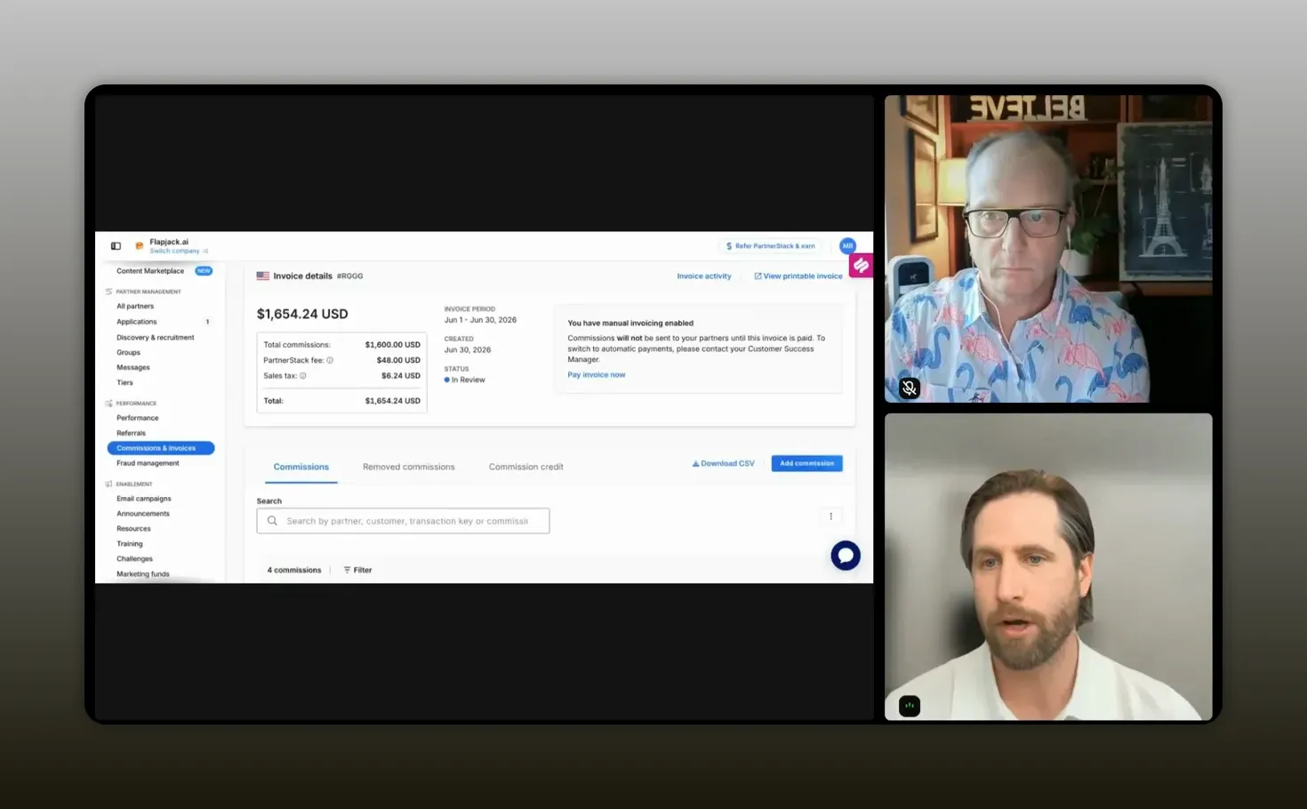 PartnerStack invoice or commission review table with payout related fields