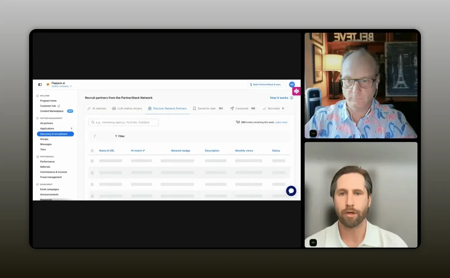 PartnerStack discovery page with partner list, filters, and navigation sidebar