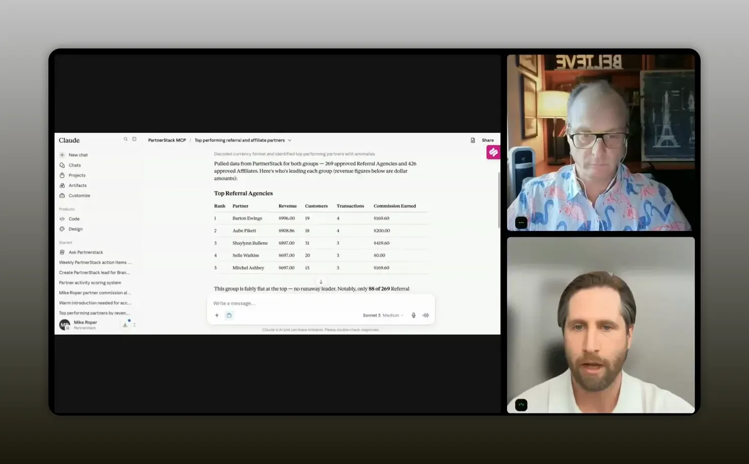 Claude output showing top partner performance table and summary notes